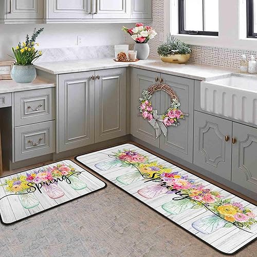 Miniatura 3 de Juego de 2 alfombras decorativas de cocina de floreros y flores, decoración del hogar, antideslizantes, decoración de cocina de vacaciones 17 x 47
