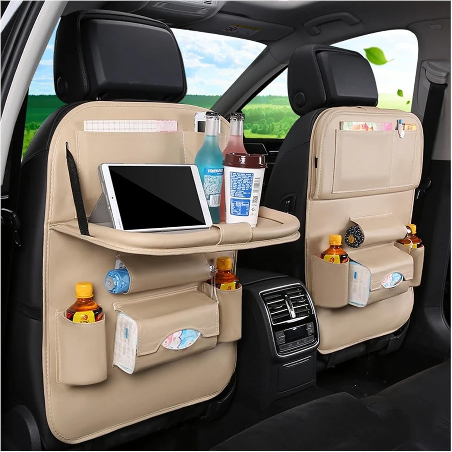 Car Seat Back Organizer Pu Leather Pad Bag Car Storage Organizer Foldable Table Tray Travel Storage Bag Auto Accessories Car Storage Back of Seat Car Organizer(1pc Beige)