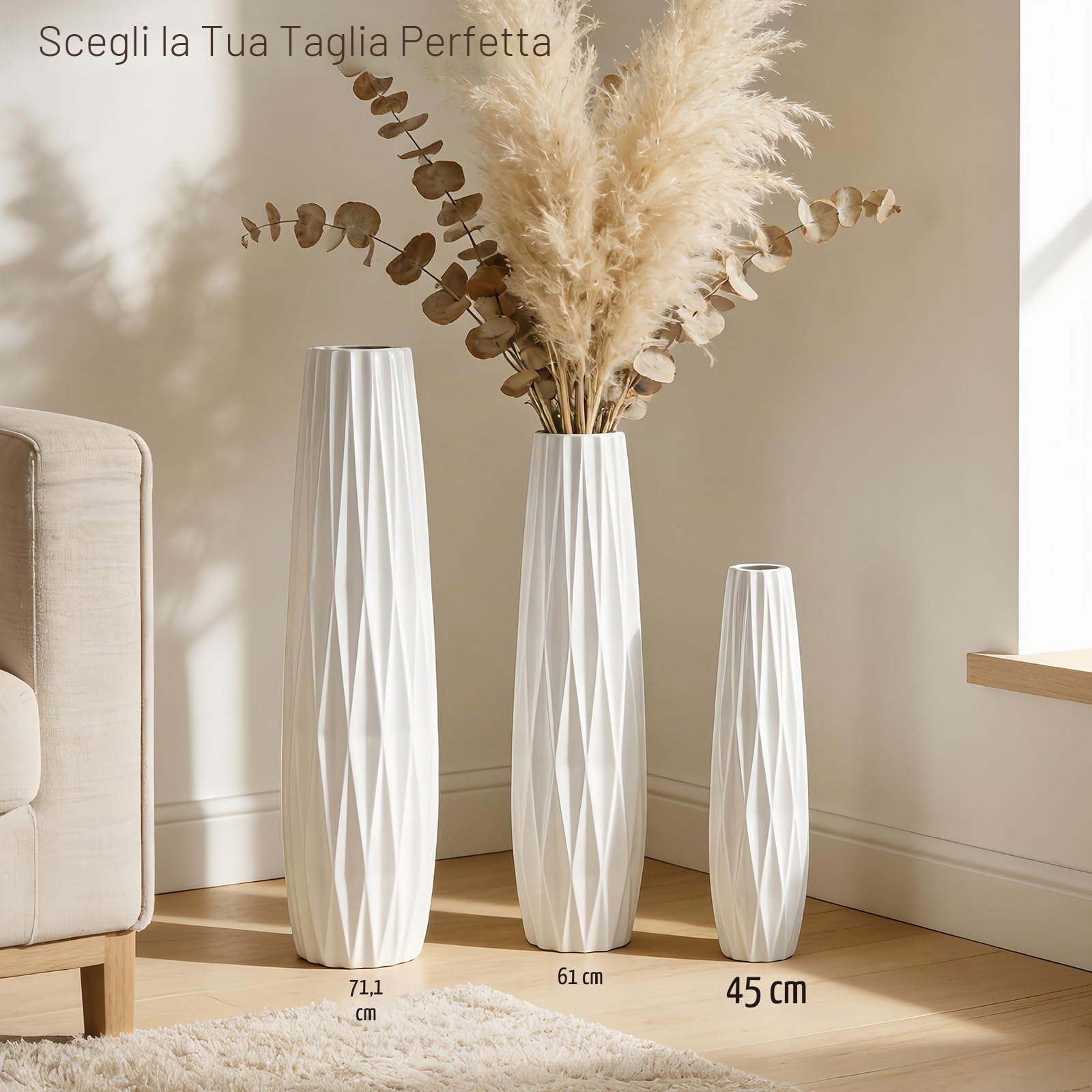 Vaso da pavimento in ceramica bianca alto 45 cm – Vaso decorativo grande per tavolo, scaffale, soggiorno – Porta fiori per fiori secchi – Design semplice