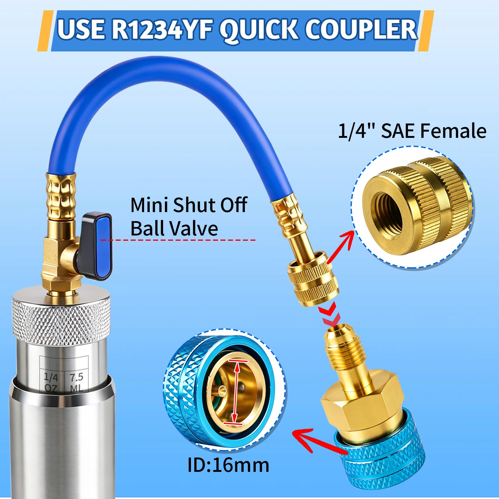 R1234YF/R134A zestaw wtryskiwaczy oleju AC - zestaw wtryskiwaczy oleju barwnikowego HVAC z szybkozłączami R1234YF i R134A, wtryskiwacz oleju AC ze złączem SAE 0.6 cm, do systemu R1234YF R134A (srebrny