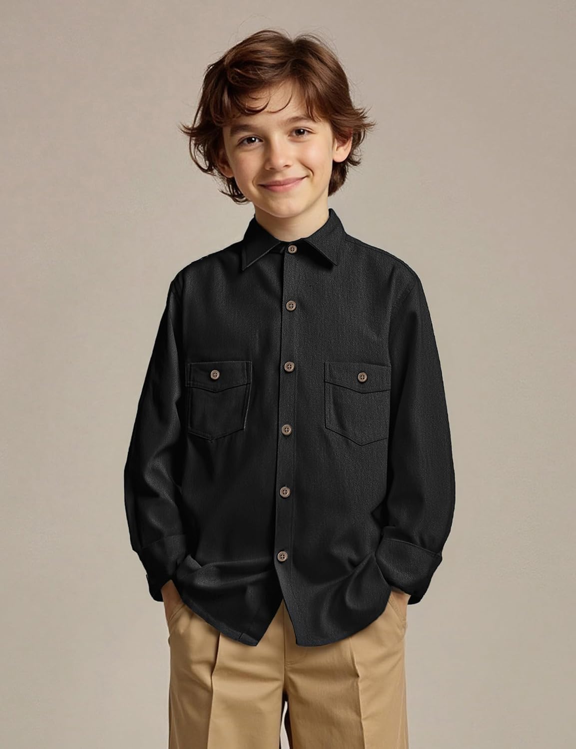 JOGAL Boys Stretch Denim Shirt Long Sleeve Button Down Shirts Casual Shirts with Two Pockets for Kids 6-14 Years - Image 2