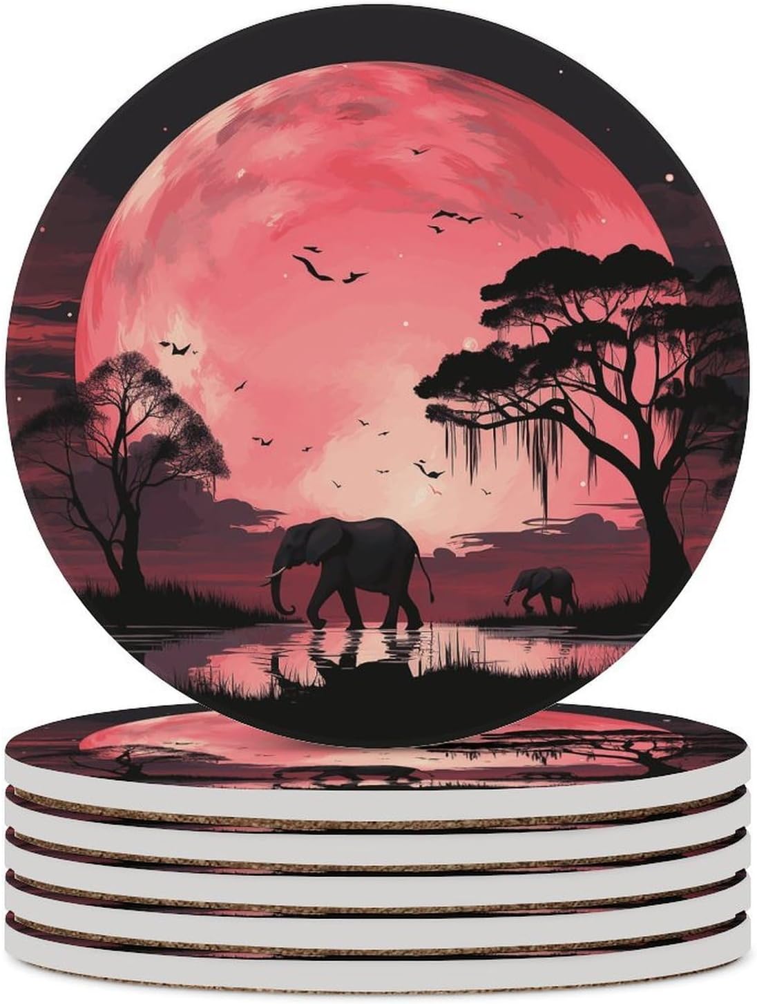 Pink Moon Elephant Coaster with Cork Base Drink Coasters for Coffee Table Decor Modern Cup Coasters with Non-Slip & Heat-Resistant Cute Ceramic Table Coaster for Home Dining
