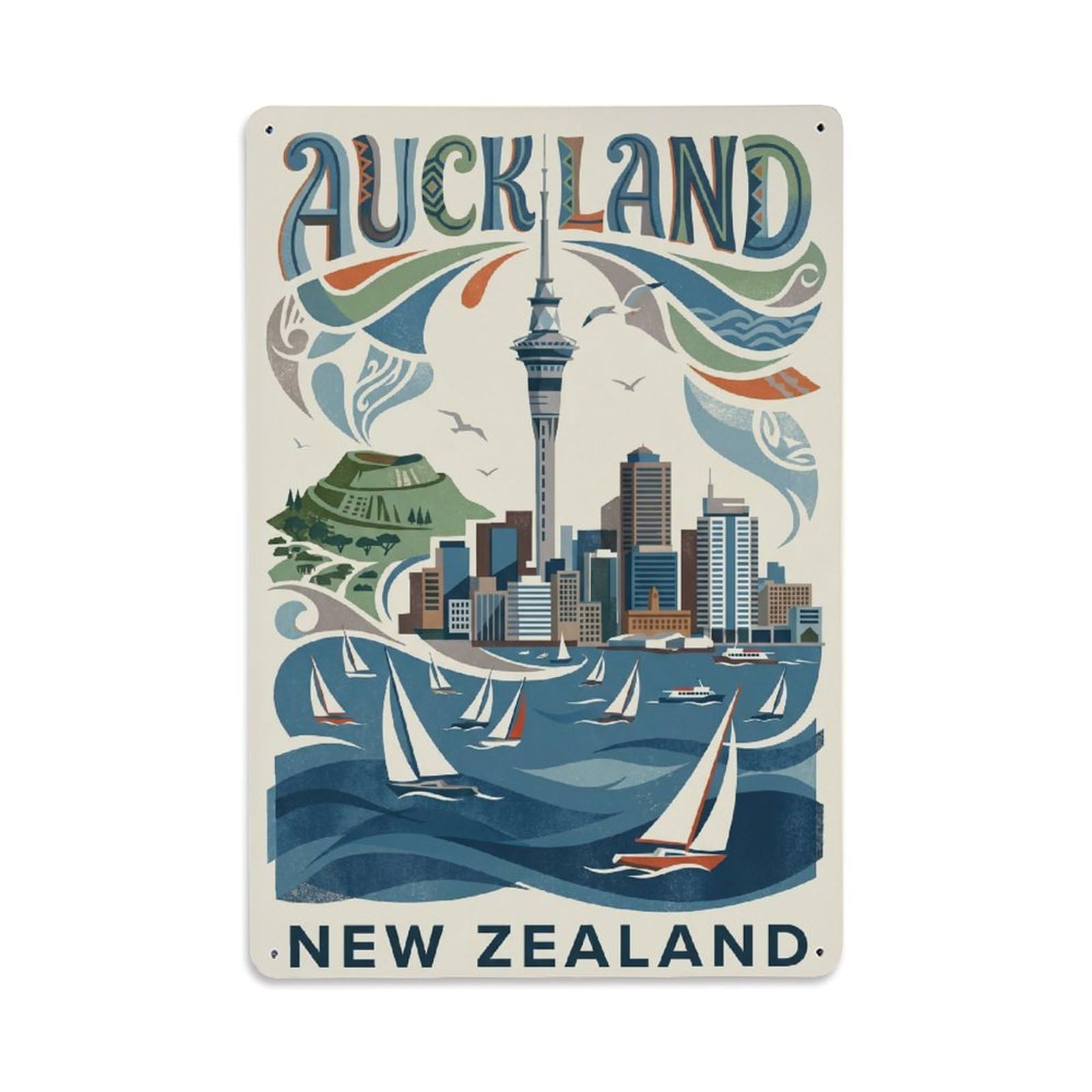 Vintage Travel New Zealand Auckland Metal Tin Sign Plaque Wall Decor for Cafe, Club Bar, Office, Garden Metal Poster 8x12Inch