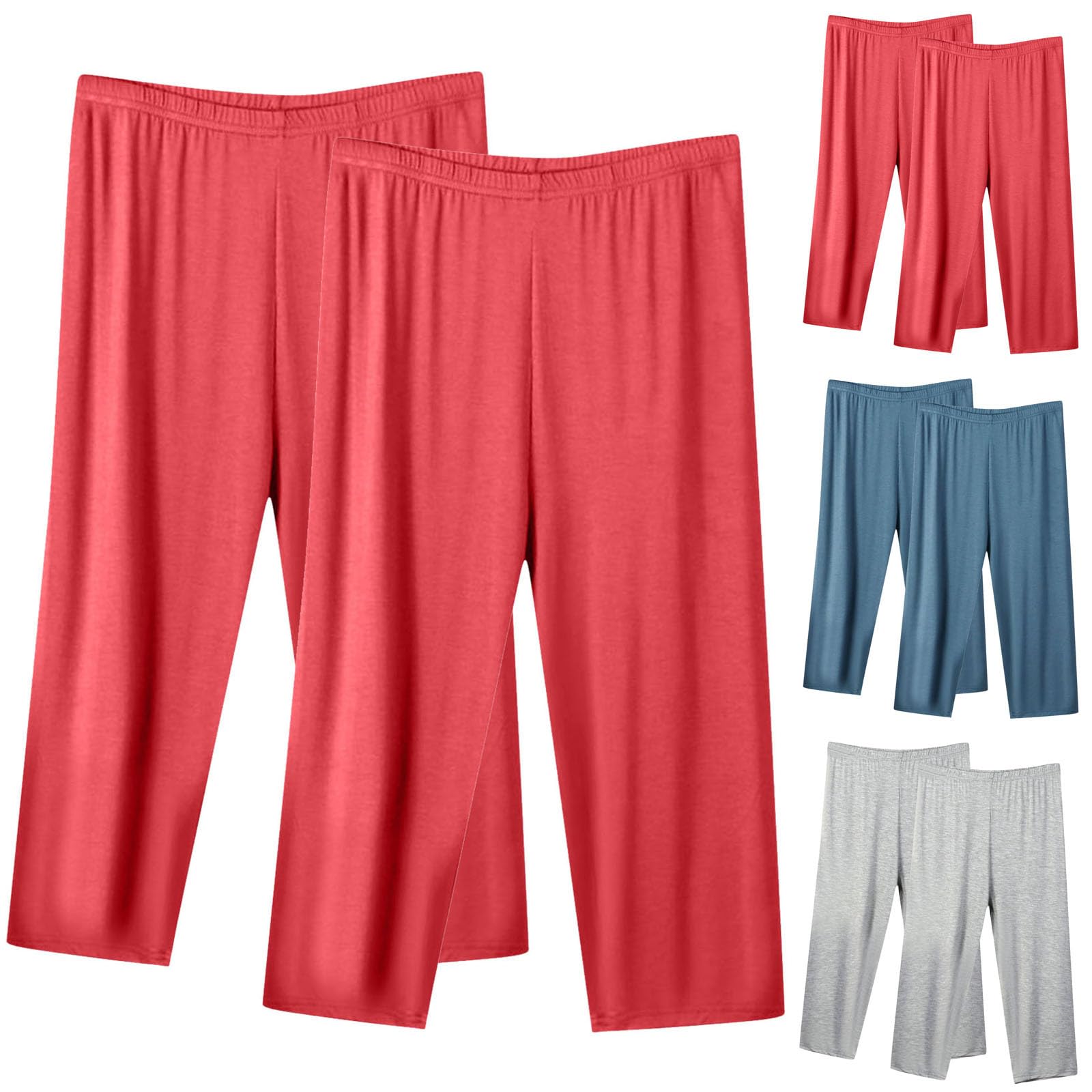 Casual Pants 2 Pack Womens Three Quarter Elasticated Waist Straight Wide Leg with Cotton Baggy Casual Lightweight Lounge
