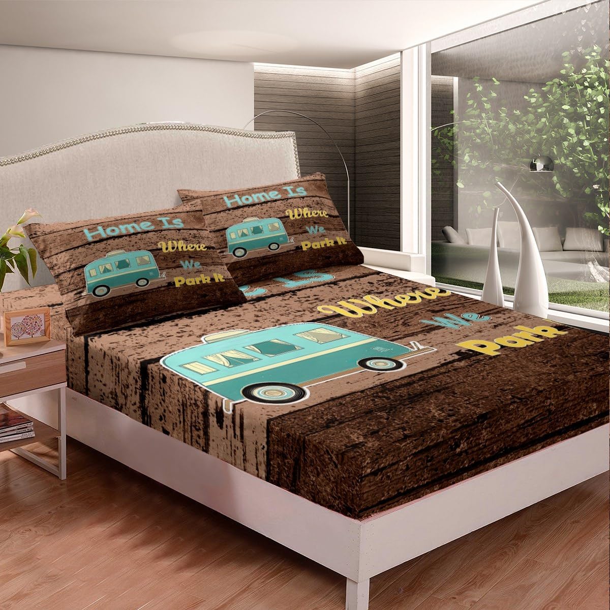 Erosebridal Kids Camper Fitted Sheet Happy Camping Rustic Farmhouse Bed Sheets Travel Rv Camp Camping Bedding Set Queen Size for Kids Boys Girls,Brown Vintage Wooden Planks Bed Cover