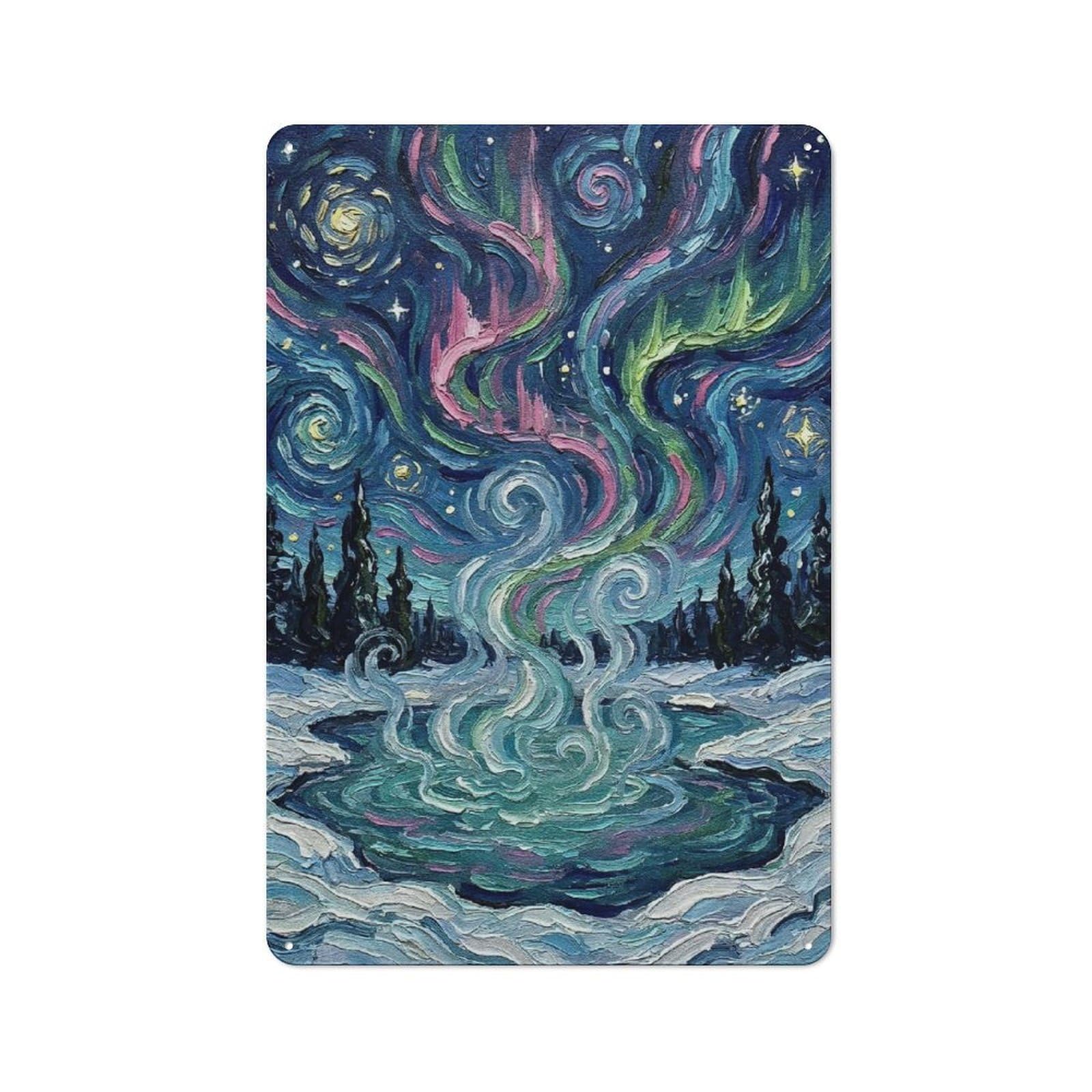 Aurora Borealis over Snowy Landscape Warehouse Style Metal Wall Decor 30x20cm, Metal Wall Sign for Workspace, Cafe, Hallway Or Garage