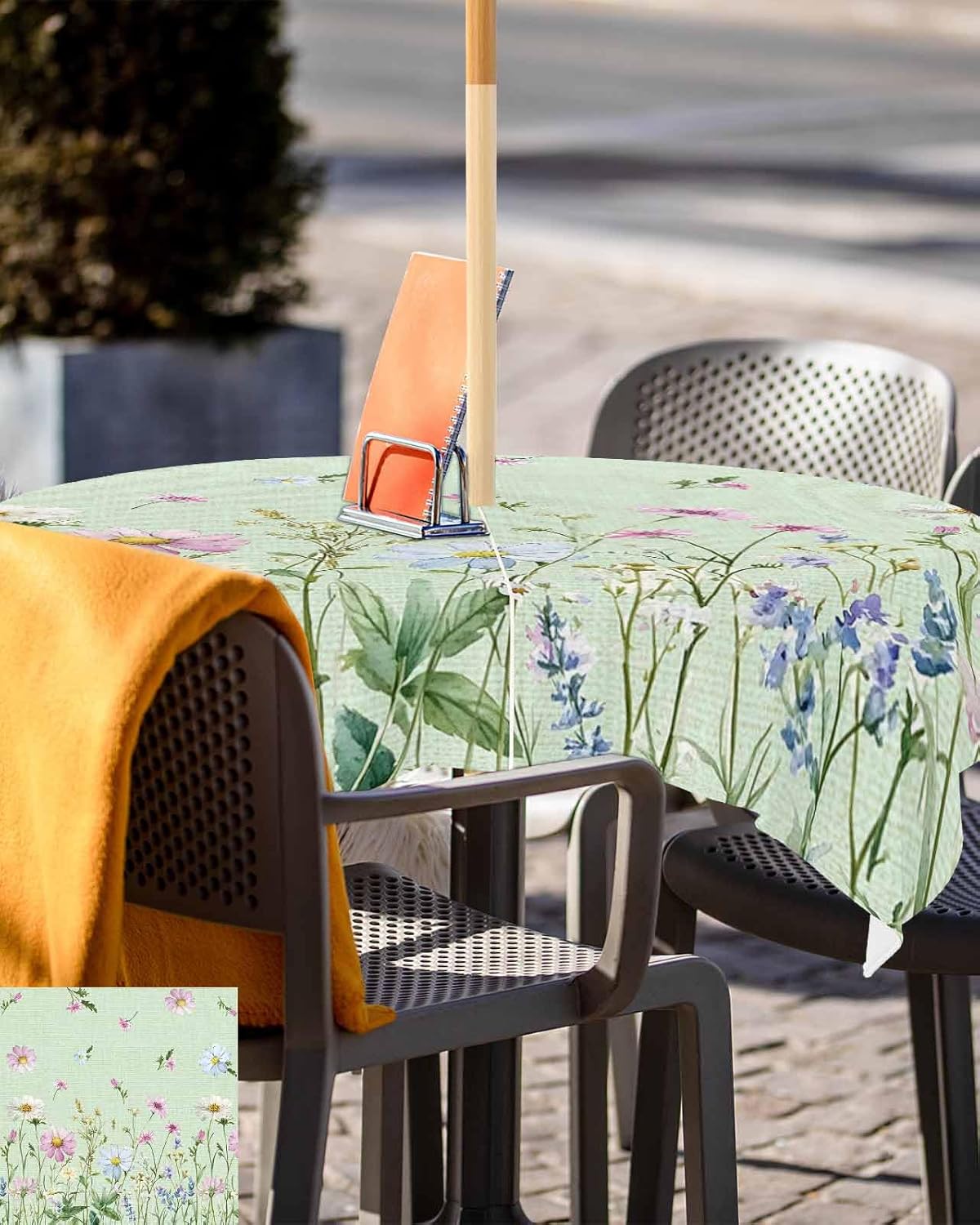 Outdoor Tablecloth with Umbrella Hole and Zipper 60" Square Rustic Floral Daisy Pastoral Flowers Green Water Repellant Table Cover Tabletop Collection for Party Patio Picnic