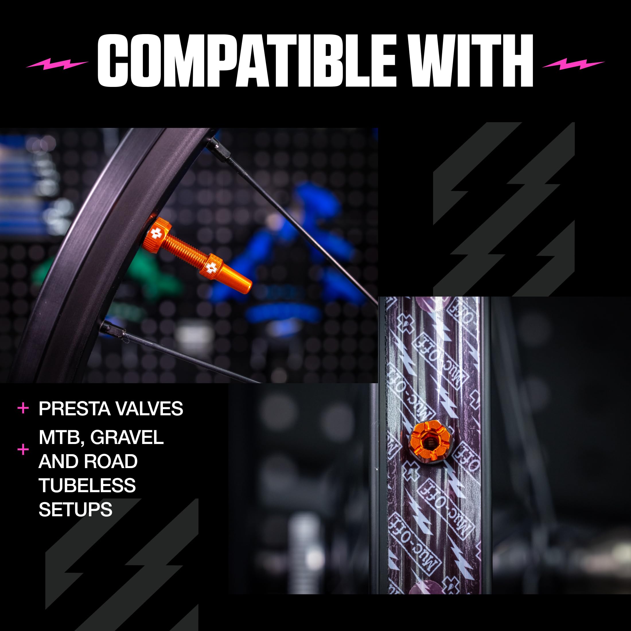 Muc-Off Valves Presta Tubeless - 44 mm - Valves de Vélo Anti-Fuite de Qualité Supérieure avec Outil Démonte-Obus de Valve Intégré - Orange