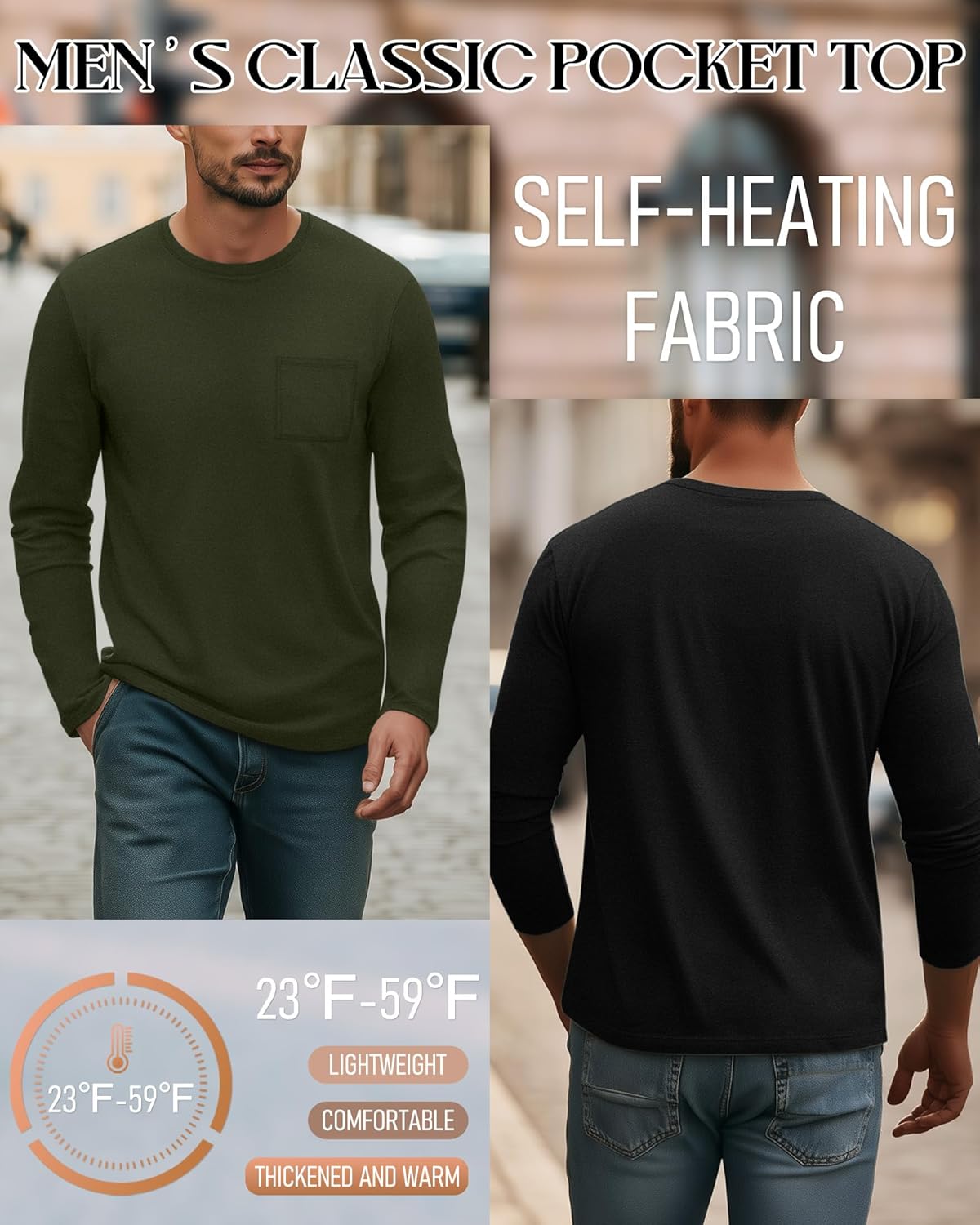 3 Pack Men's Big and Tall Long Sleeve Shirts Thermal Pocket T-Shirt Crew Neck Fleece Top Slim Fit Casual Tee - Image 5