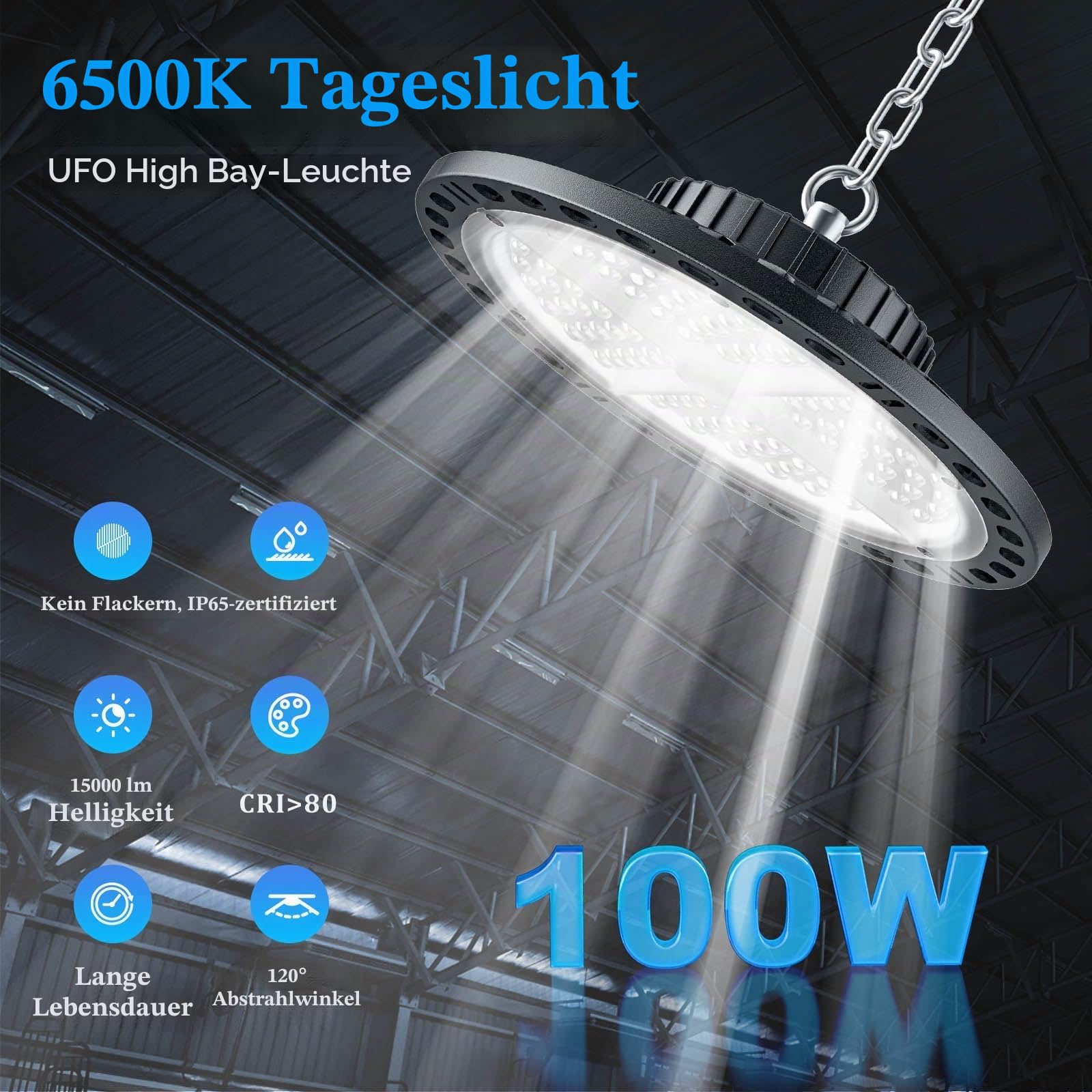 UFO LED Hallenstrahler 100W,2 Stück 10000lm | LED Werkstatt Deckenleuchte 6500K Kaltweiß Werkstattlampe, IP65 Wasserdicht Hallenbeleuchtung für Fabriken, Garage, Lagerhaus
