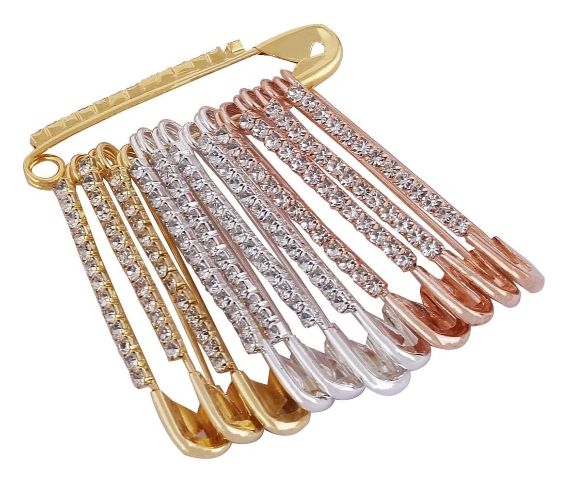 Decorative Safety Pins with Rhinestones, Gold Silver Rose Gold Finish, Multi-Color Crystal Embellished Brooch Style Pins-picture-14