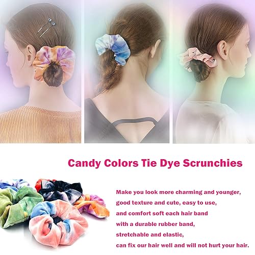 Miniatura 6 de IVARYSS Coleteros para niñas 12 piezas de coleteros de terciopelo teñido anudado para el cabello soporte suave para cola de caballo arco iris lindas
