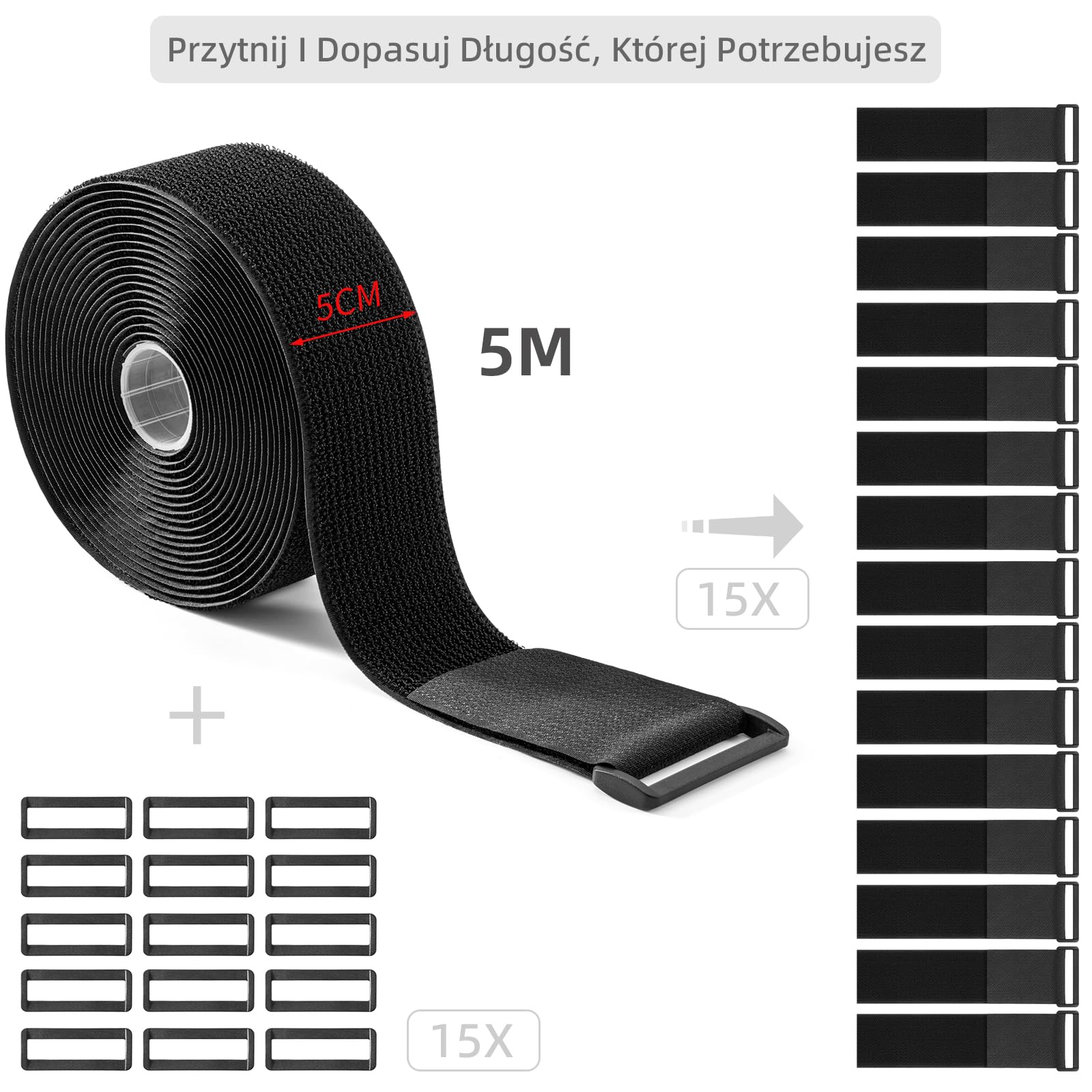 Trilancer Pasek na Rzep o Wysokiej Wytrzymałości 5CM x 5M z 15 Klamrami – Regulowany, Docinany na Wymiar, Wielokrotnego Użytku do Mocowania Kabli, Węży, Rur i Nie Tylko