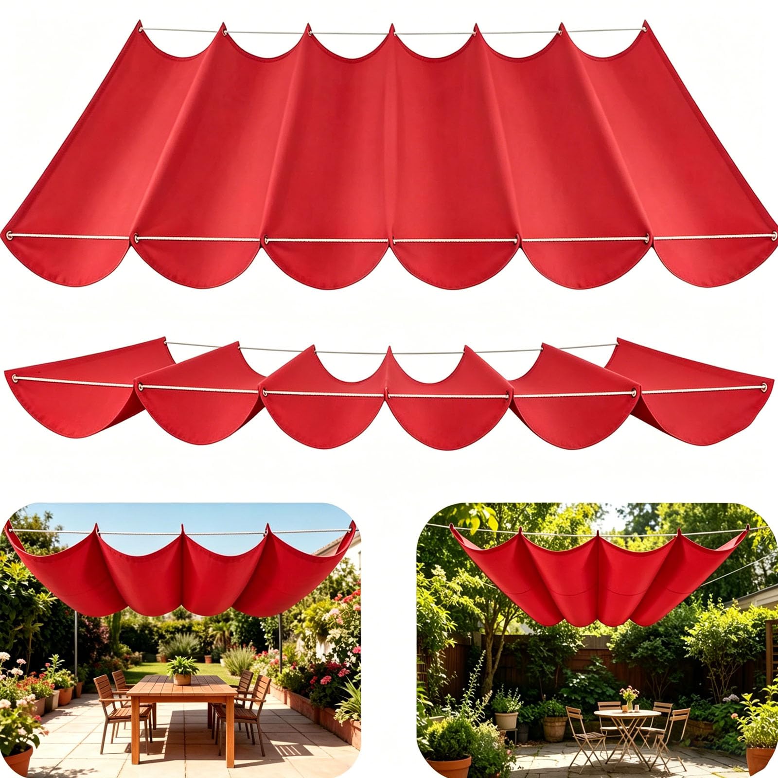 Retractable Sun Sail Shade Canopy for Outdoor Use, Retractable Wave Sun Shade Sail, Wave Design, Thickened Fabric, Block With Rope Patio Awning Cloth Durable Garden Shade Sail-Bright red||150x650cm