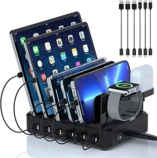 Charging Station for Multiple Devices Apple - TYCRALI 81W 6 Port USB C Charger Station with 3 20W PD Fast Charger, Phone and Watch Charging Stand for iPhone iPad iWatch AirPods Samsung