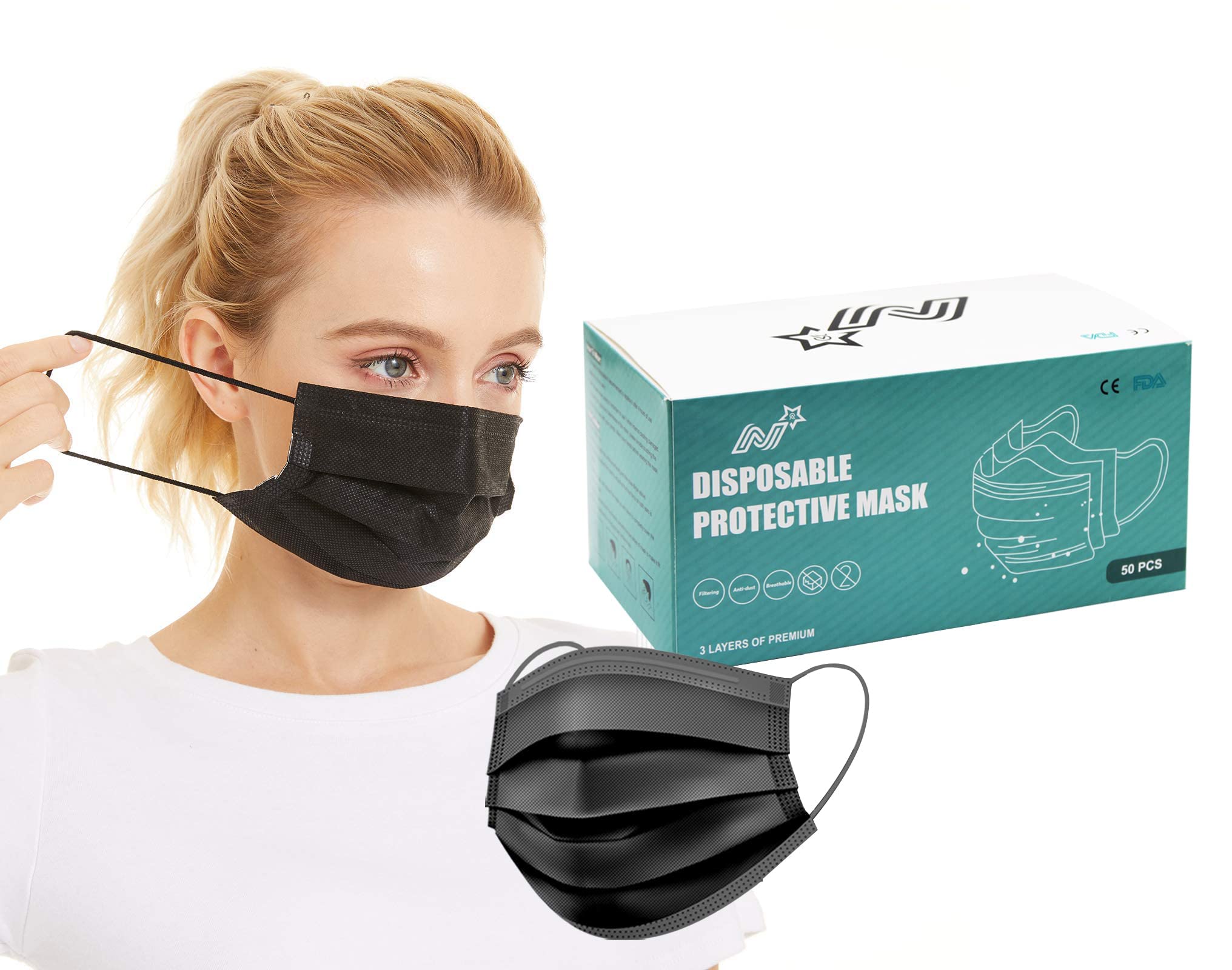 Nstar face mask, masks disposable 3 Layers black masks non-woven material skin friendly