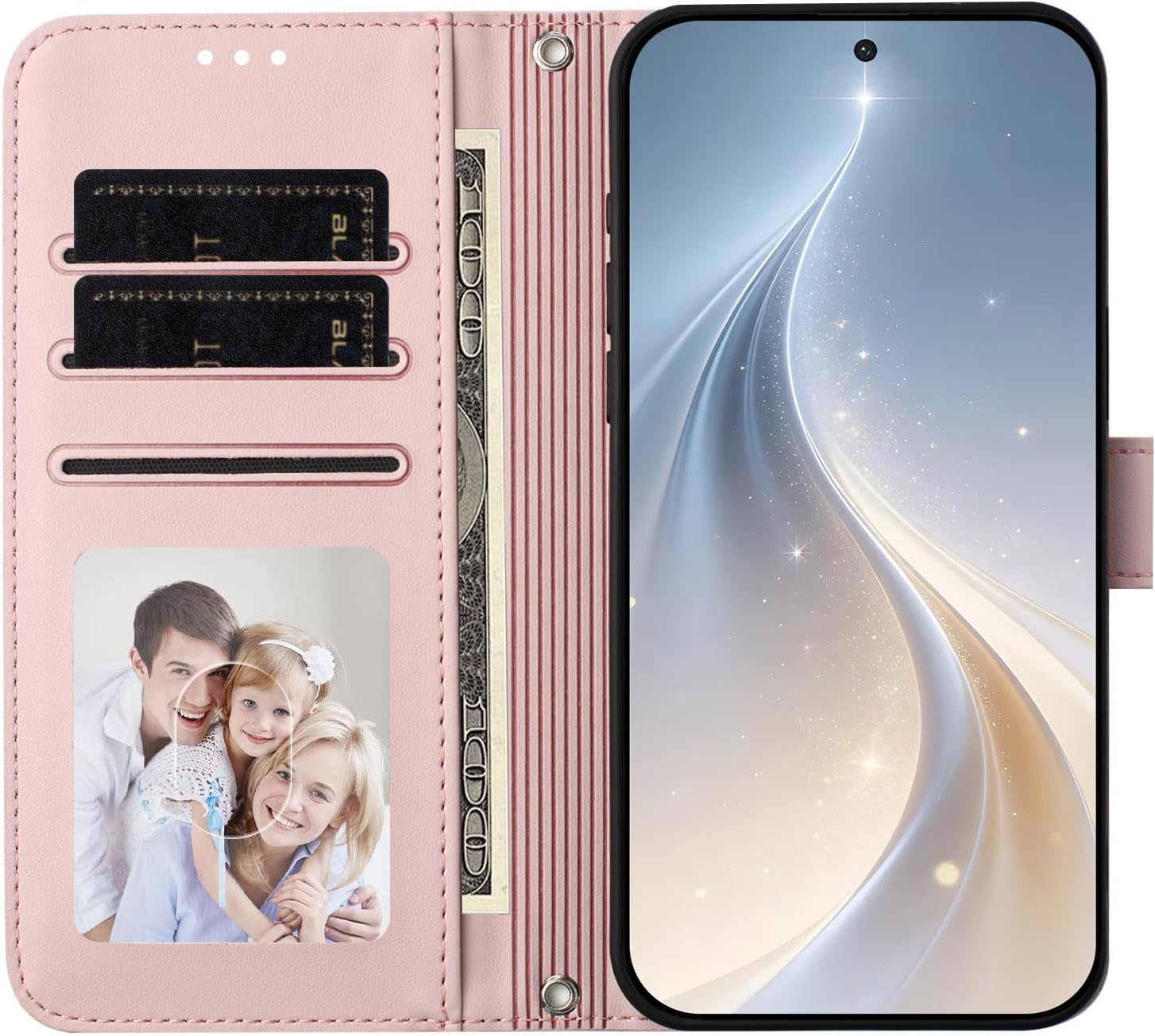 Compatible with Asus ROG Phone 8 / Phone 8 Pro 5G Flip-Kickstand-Magnetic Card Slot Lanyard Protective Case Pink