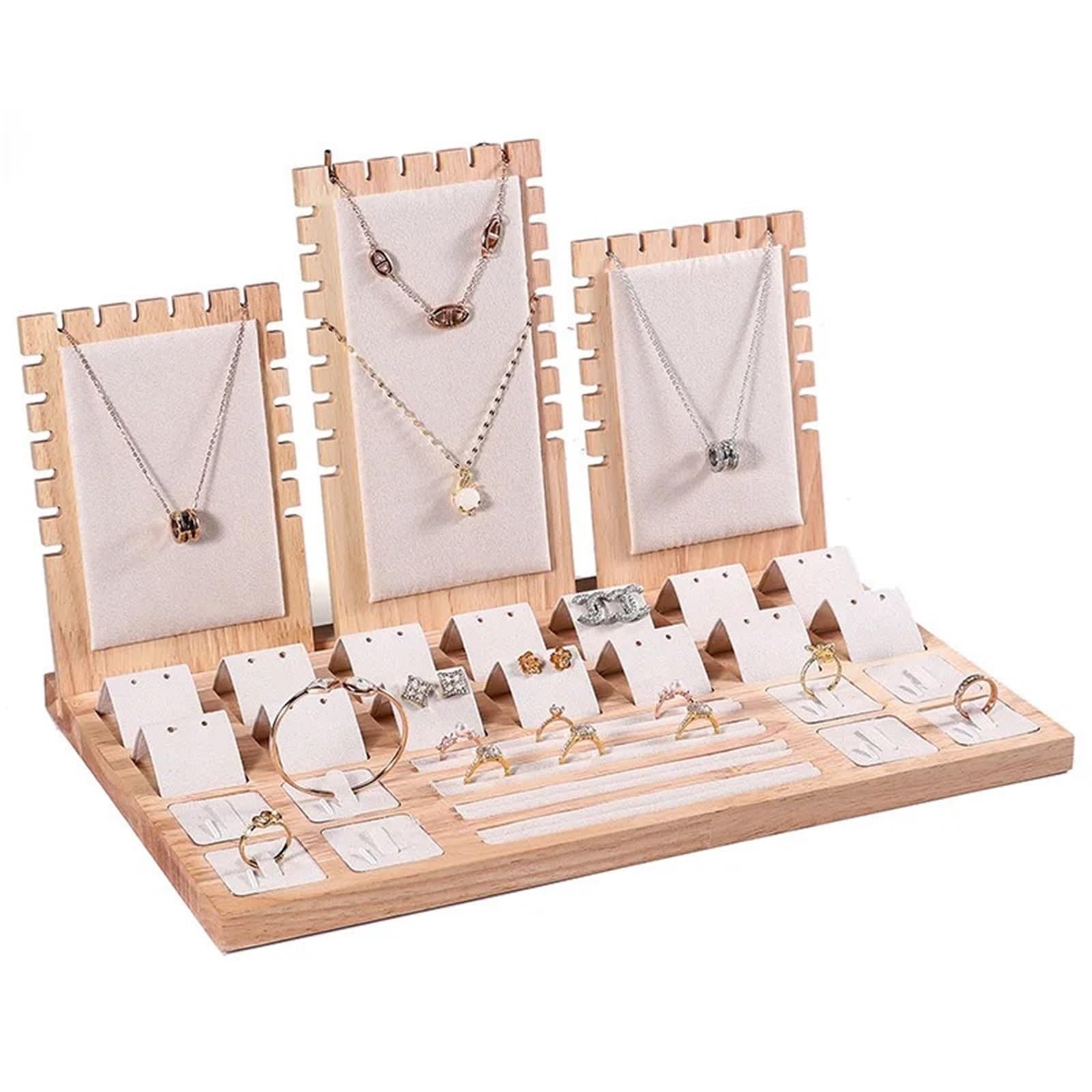 LNNXSZ Jewellery Stand Fashion Bamboo Jewelry Organizer Velvet Storage Display Ring Bracelet Necklace Box Showcase Colors Earrings Drawer Tray(Beige)
