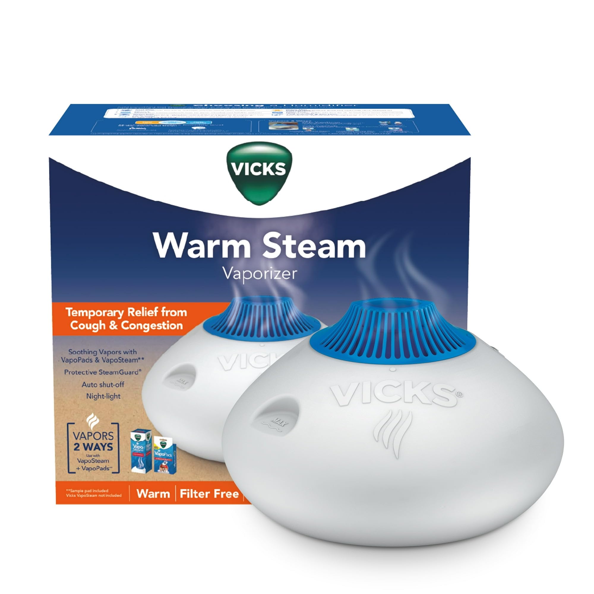 Vicks Warm Steam Vaporizer with Nightlight, Vaporizer for Bedrooms, Baby, Kids Rooms, Auto-Shut Off, 1.5 Gallon Tank for Full Day of Moisturized Air, Use with Menthol Scented VapoPads & VapoSteam