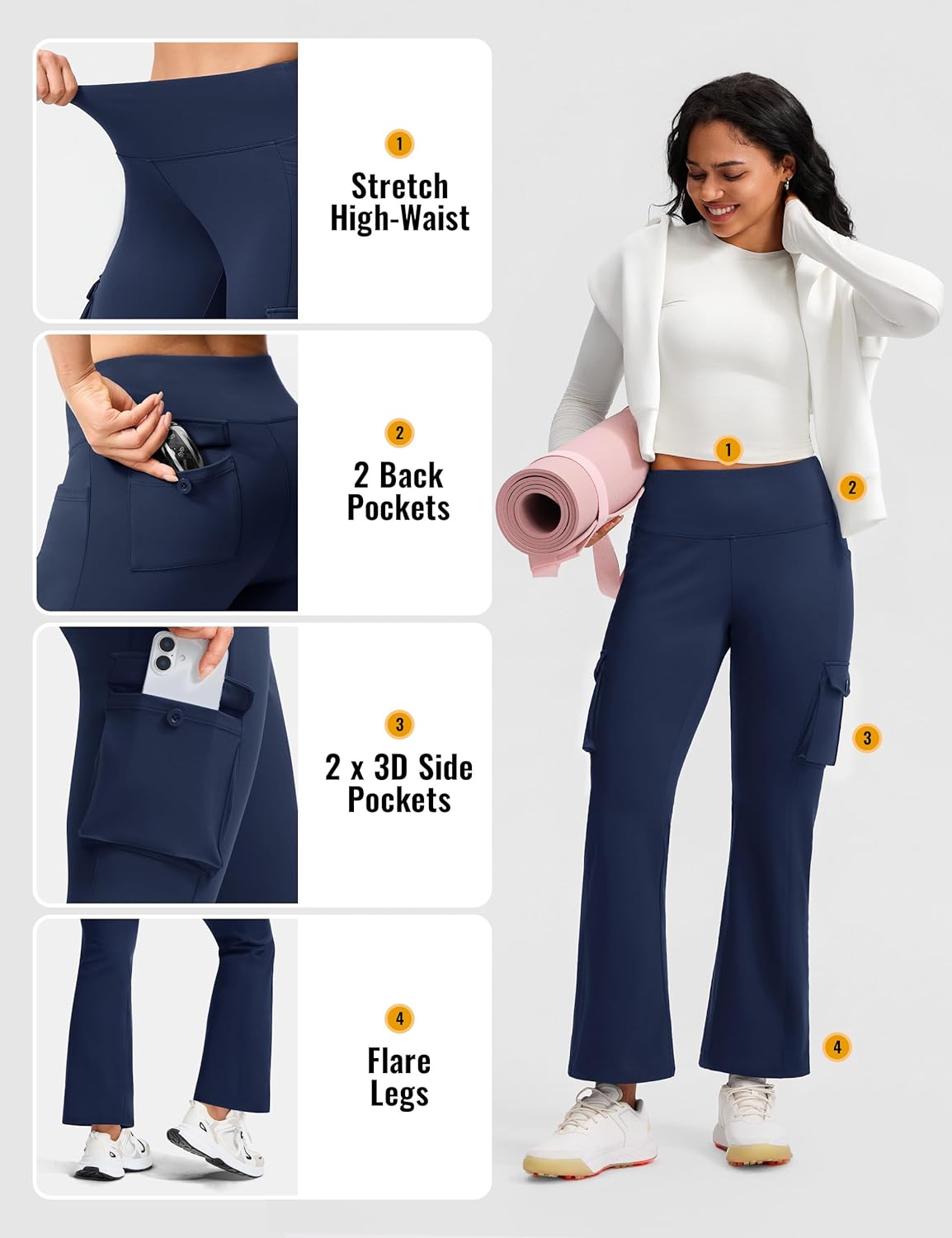 Women's Hiking Pants Fleece Lined High Waisted Thermal Flare Leggings for Women 6 Pockets Outdoor Travel Casual - Image 5