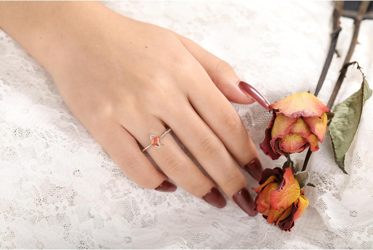 Natural Sunstone Ring for Women 925 Sterling Silver Orange Gemstone Solitaire Statement Cocktail Promsie Ring for Her Size 4-9