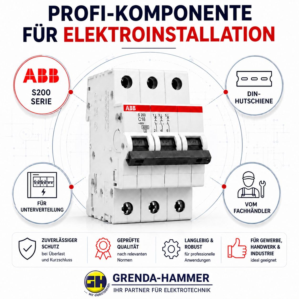 ABB S203-C63 Leitungsschutzschalter 3-polig C63A 6kA Sicherungsautomat Drehstrom LS-Schalter System pro M compact für Verteiler Hutschiene nach DIN EN 60898-1 Art. 2CDS253001R0634