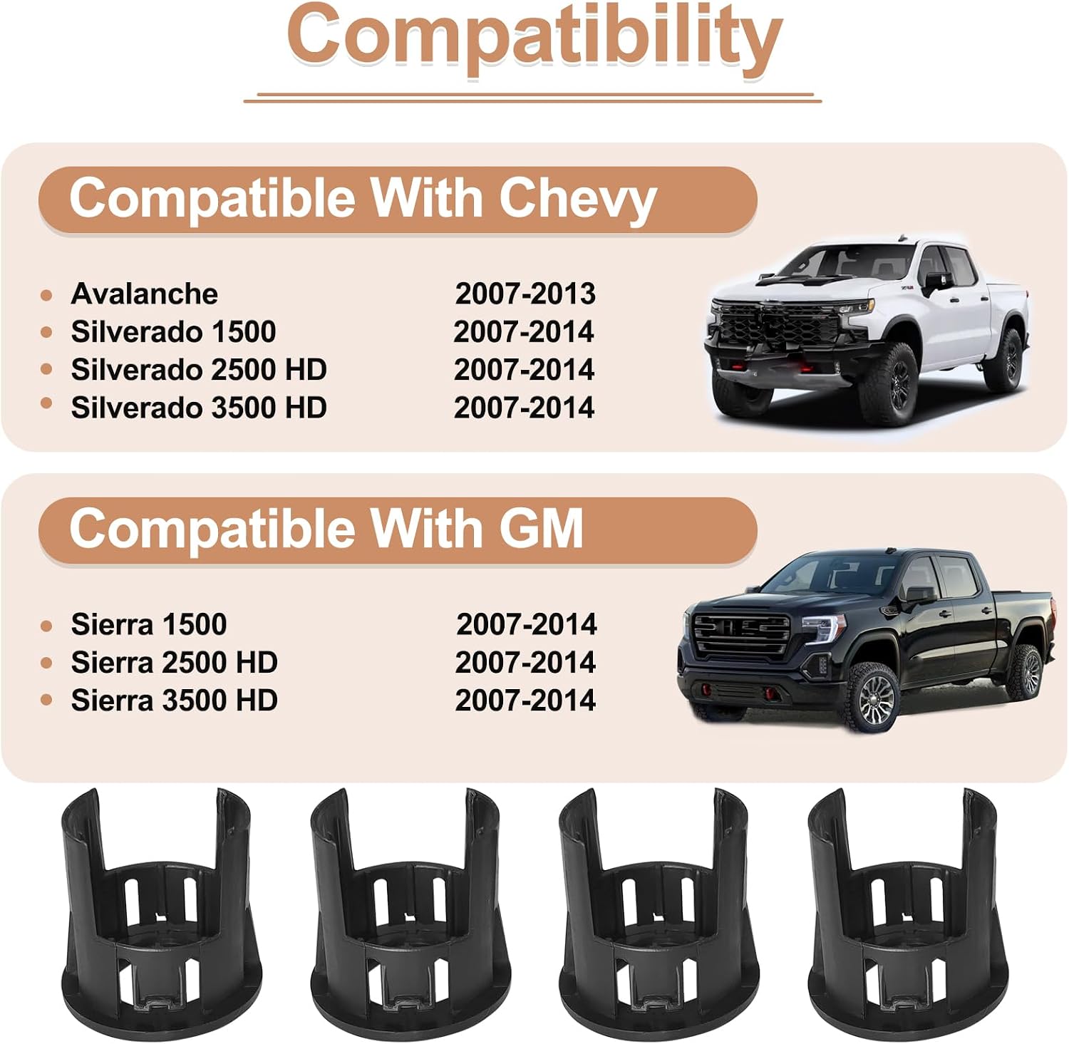 4PCS 25844782-Rear Bumper Parking Aid Assist Sensor Bracket Bezel Housing, Fitment for Chevy Avalanche 07-13, Silverado 1500/2500 HD/3500 HD/GM Sierra 1500/2500 HD/3500 HD 07-14 (Black)