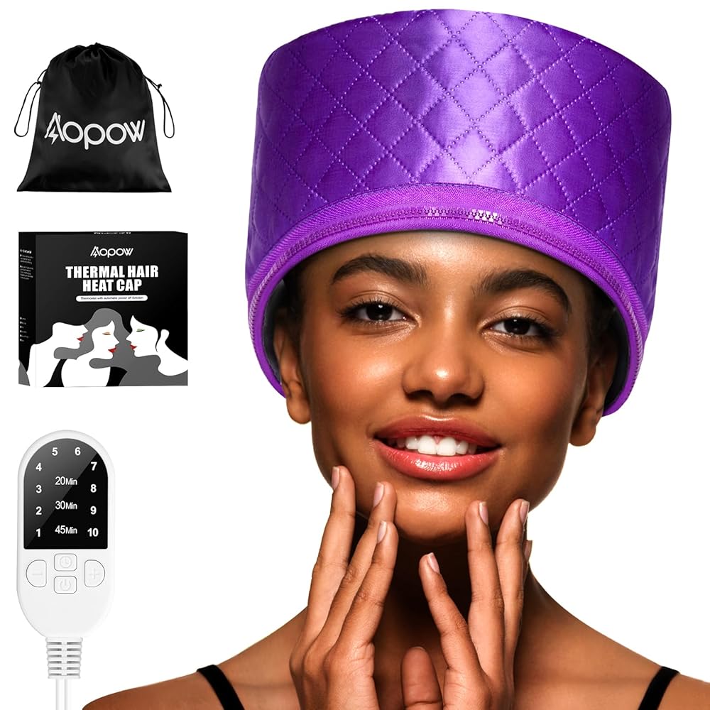 Thermal Steam Cap for Natural Hair Treatment: 10-Level Heating Cap for Deep Conditioning and Hair Steaming - Quick Heat-Up, Purple