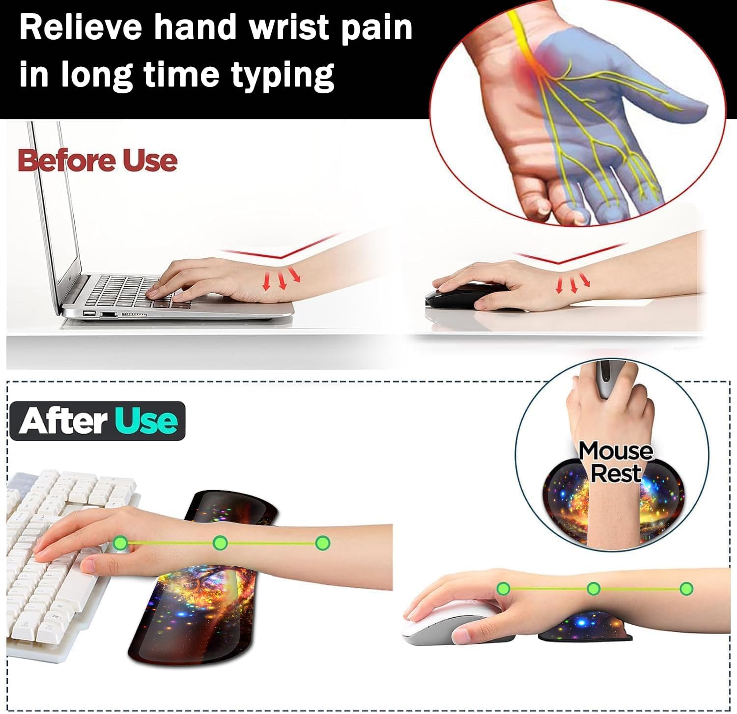 Large Gaming Mouse Pad+ Keyboard Wrist Rest Set, Ergonomics Memory Foam Mouse Mat Wrist Rest Support for Home Office, Waterproof Extended Mousepad 31.5x11.8in, Colorful Tree of Life Desk Pad