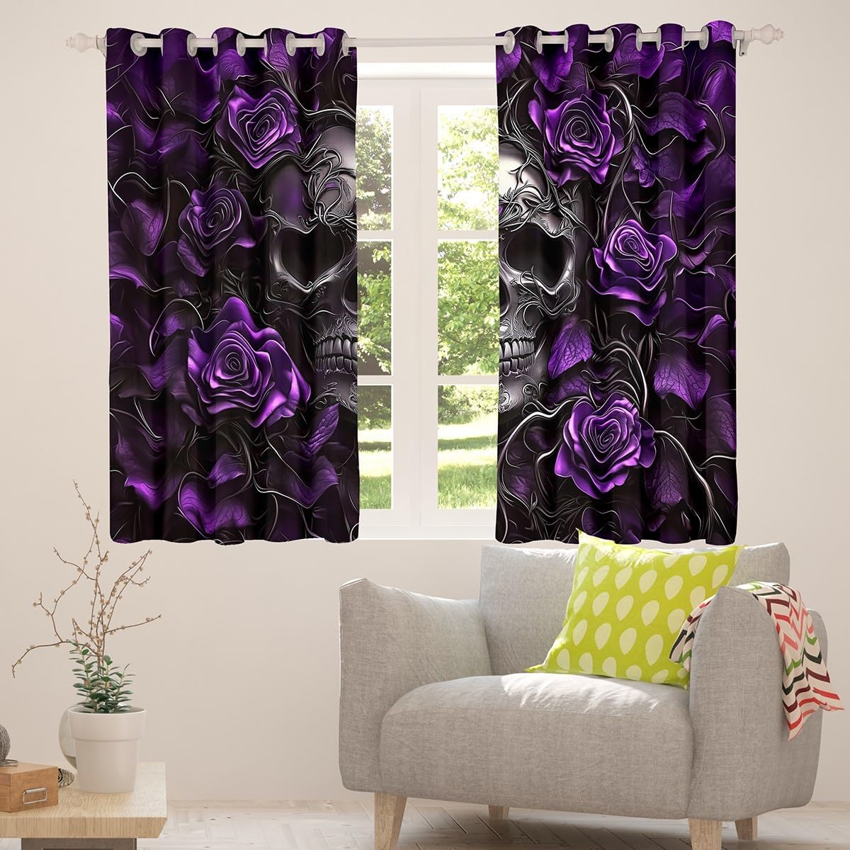 Erosebridal Sugar Skull Curtains 42"x84",Purple Rose Floral Window Curtains Drapes for Kids Boys Girls Teens Adults,Gothic Skeleton Blackout Curtains,Exothic Hippie Horror Darkening Curtains