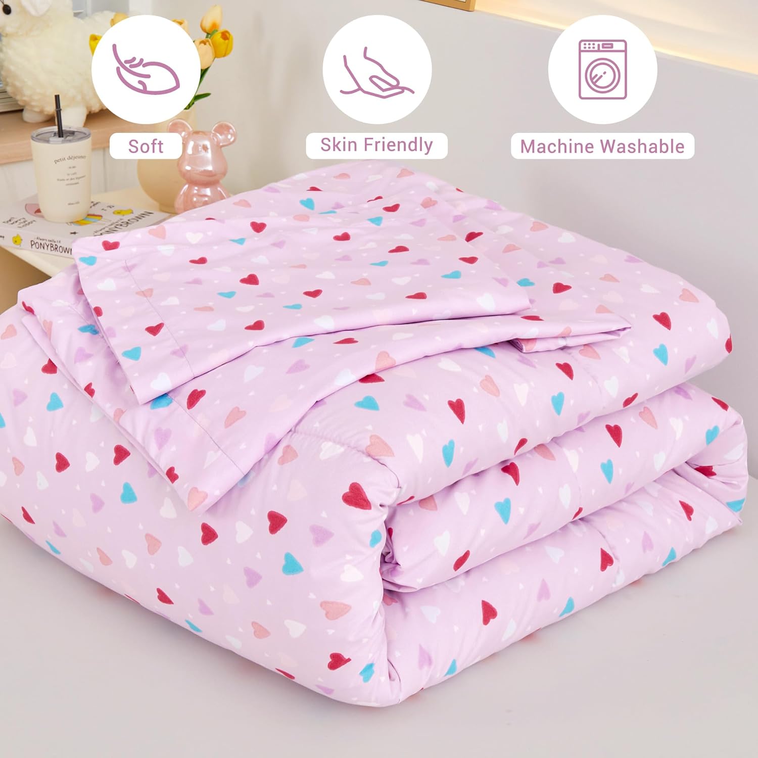 Viviland Kids Twin Bedding Sets for Girls, Soft Microfiber Twin Comforter Set, Purple Heart - Image 7