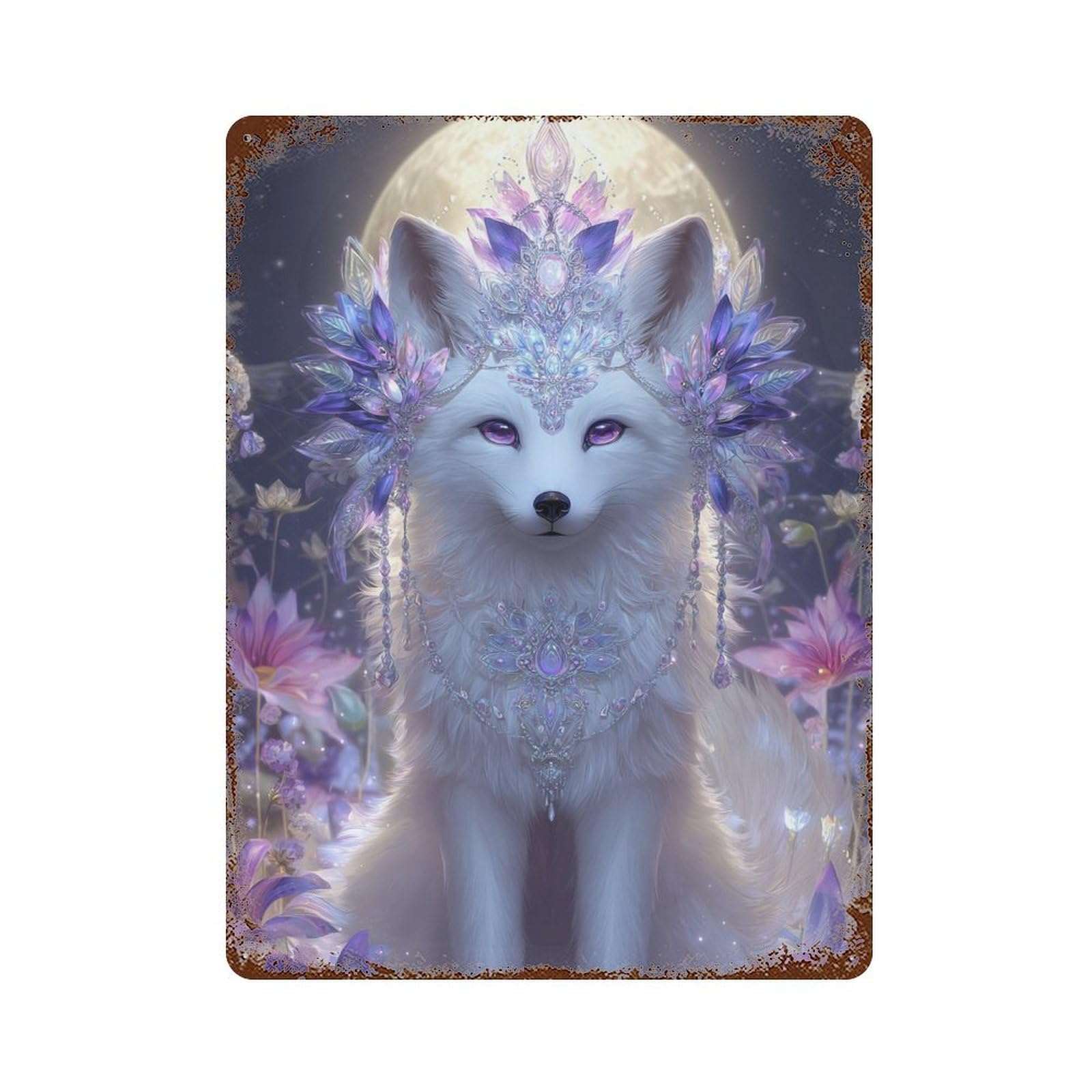 Enchanted Moonlit Fox Crown Vintage Wall Sign 15.7"x11.8", Rust Effect Metal Decor for Basement, Hobby Room And Garage Decor