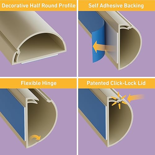 Miniatura 2 de D-Line Ocultador de cables para TV, cubierta de cable semicircular para TV de montaje en pared, canaleta con bisagras de una pieza, pintable,