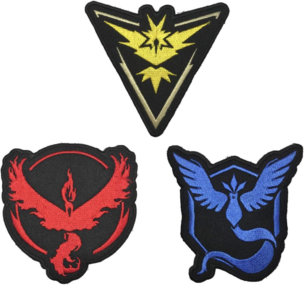 OYSTERBOY 3Pcs Iron On Sew On Well Made Premium Quality Threads Embroidered Applique Decorative Patches Japanese Anime Cartoon Pocket Monster Go Gym Team Valor/Mystic/Instinct for Cosplay Costume DIY