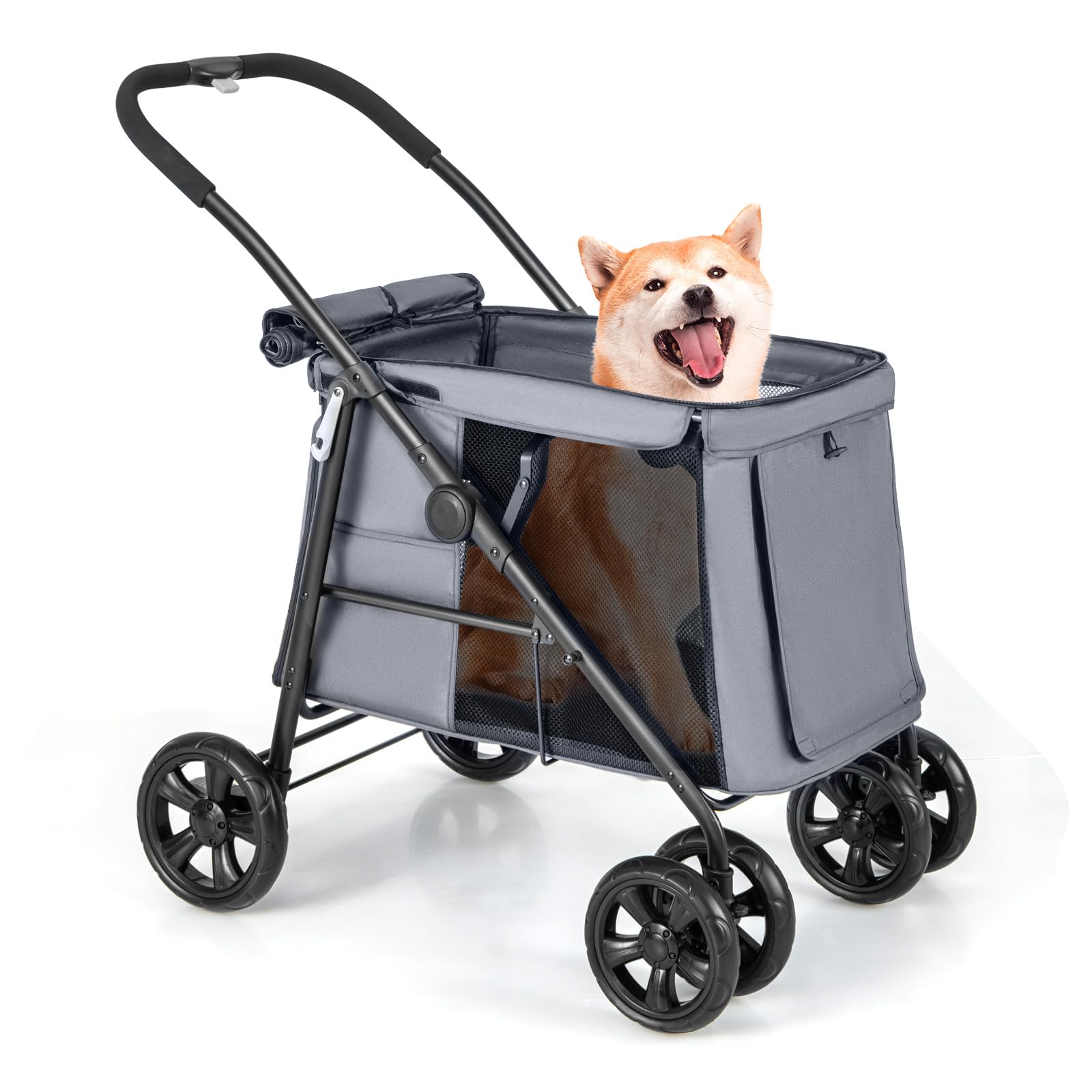GYMAX Passeggino per Cani e Gatti, Carrello per Animali Domestici, Design Pieghevole, Tetto Apribile, Tavola di Stoccaggio e Tasca Portaoggetti, per Animali di Piccola e Media Taglia (Grigio)