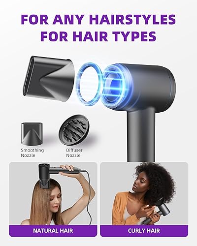 Miniatura 9 de Secador de pelo, secador de pelo iónico profesional para secado rápido, bajo nivel de ruido, ligero, secador de pelo de alta velocidad con difusor