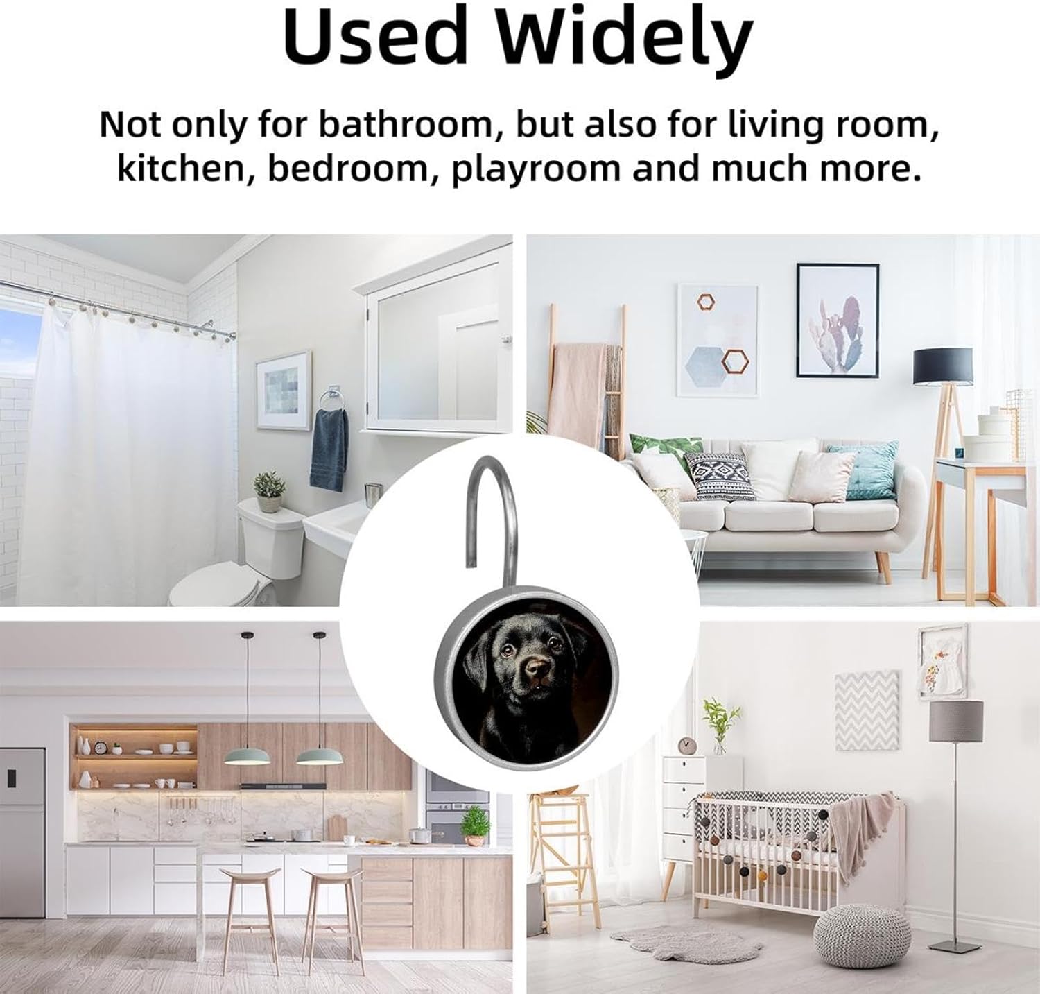 12 Pcs Round Shower Curtain Hooks Stainless Steel Decorative Hanger Rings for Bathroom Kitchen Bedroom Curtain Rods, Labrador Puppy (3)