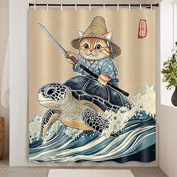 Funny Cat Shower Curtain Vintage Cat Riding Turtle Retro Charm Japanese AnimeBlue Ocean Animal Fabric Waterproof Shower Curtain Cute Hilarious Boys Girls Kids Bath Curtain with 12PCS Hooks 60X72in