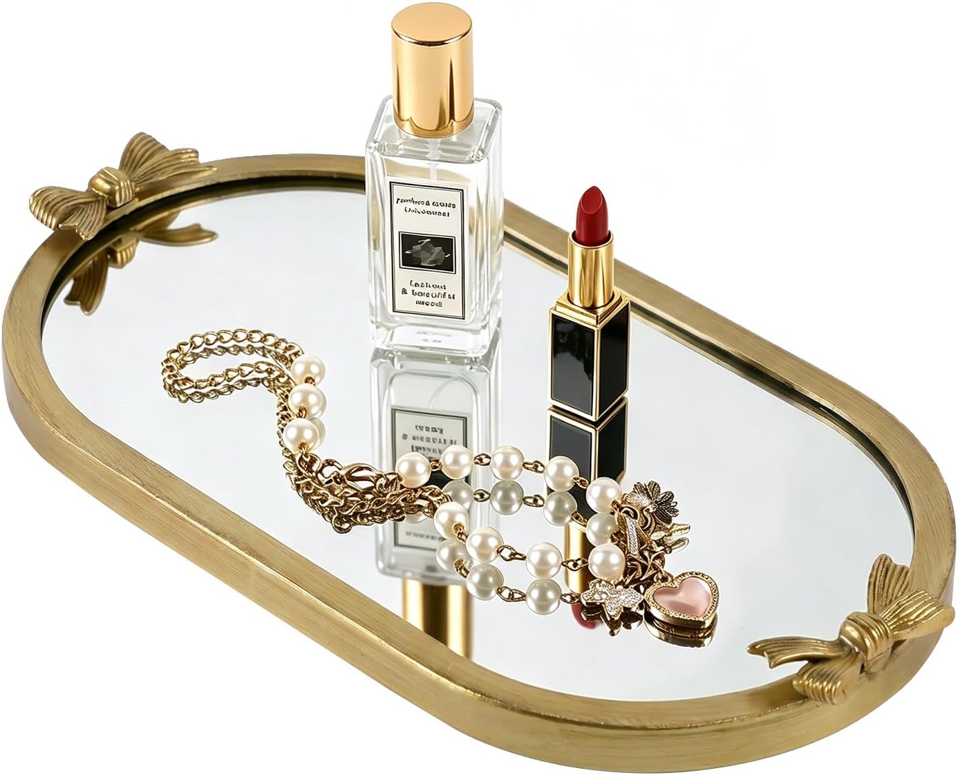 NIKKY HOME Vintage Gold Mirror Perfume Tray, Bow Vanity Tray 13" L x 7" W