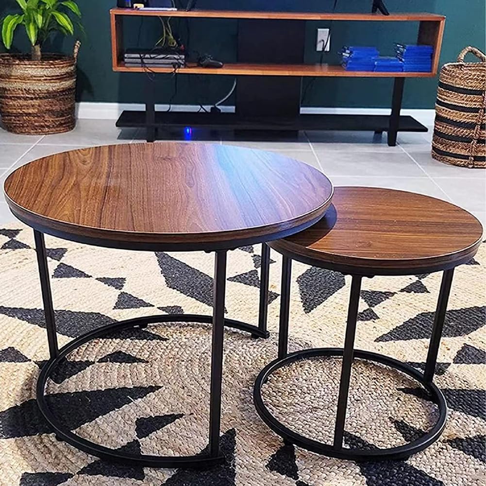 BAKAJI Lot de 2 Tables de Salon à encastrer, Forme Ronde avec Structure en métal Noir et Plateau en Bois Noyer, Tables à café économise Espace Design Industriel, décoration de Salon, Maison