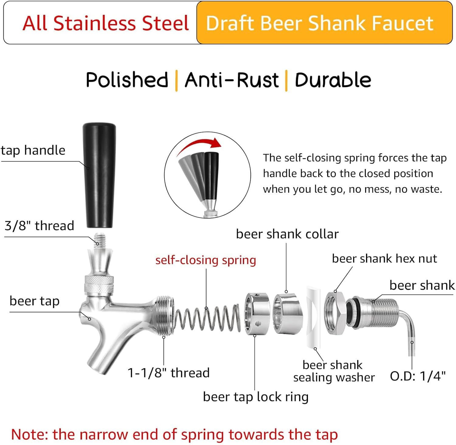 All Stainless Steel Draft Beer Shank Faucet Beer Tower Faucet Kit, 1/4” Beer Barb Fitting Self-closing Beer Tap Kegerator Tower Replacement Kit for 3/16” Beer Line Tubing with Hose Clamp Wrench