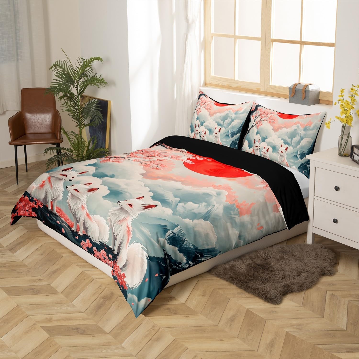 Japan Fox Duvet Cover Set Full Size,Japanese Landscape Ukiyoe Cherry Blossom Bedding Set,Boys Girls Room Decor,Wild Animal Trippy Comforter Cover,Pink White Quilt Cover,2 Pillowcases(No Comforter)