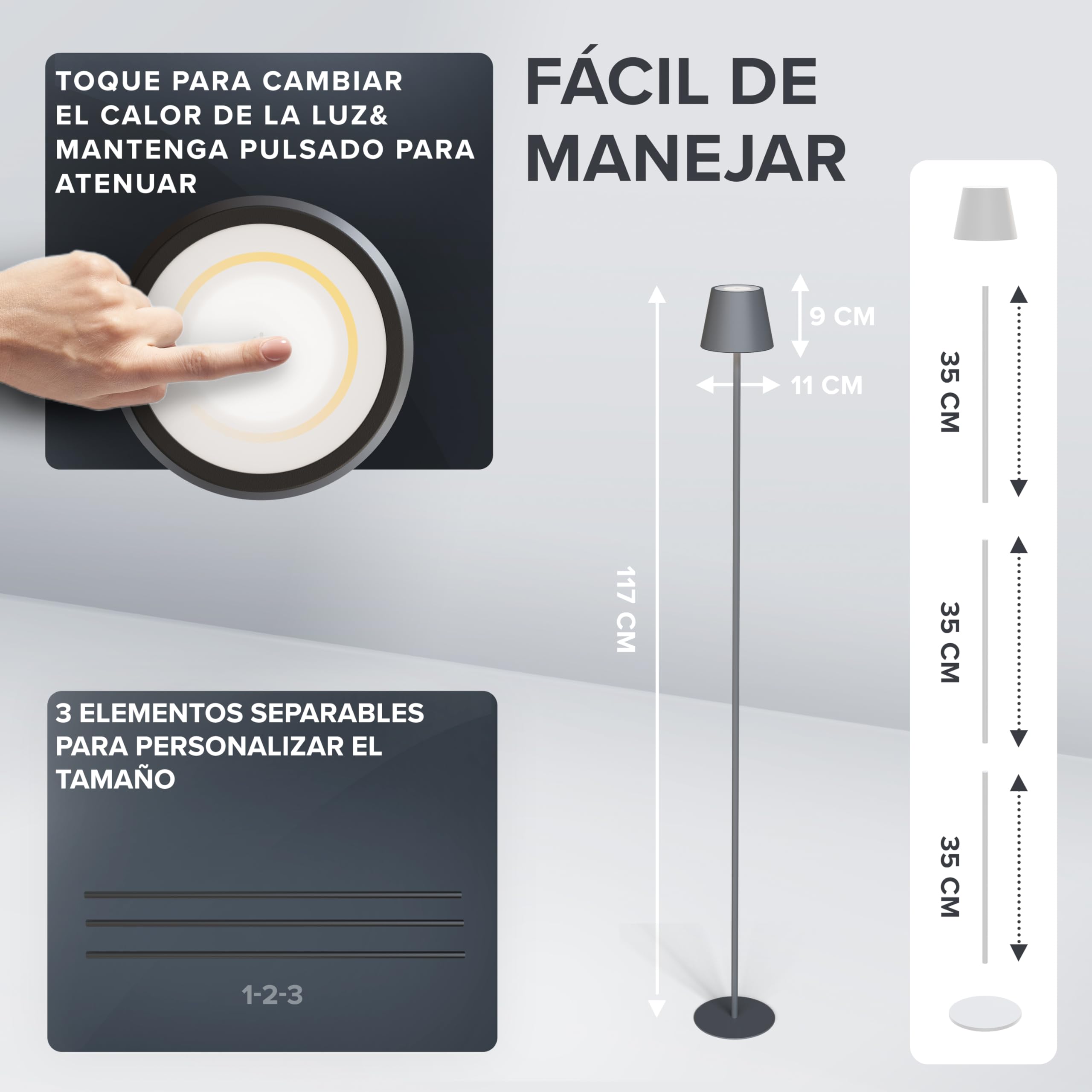 OVITEC ovilum Matar Lámpara de pie LED en aluminio antracita para interior y exterior inalámbrica Regulable | Blanco cálido/frío USB C recargable | Resistente al agua IP44 | Diseño moderno en gris.
