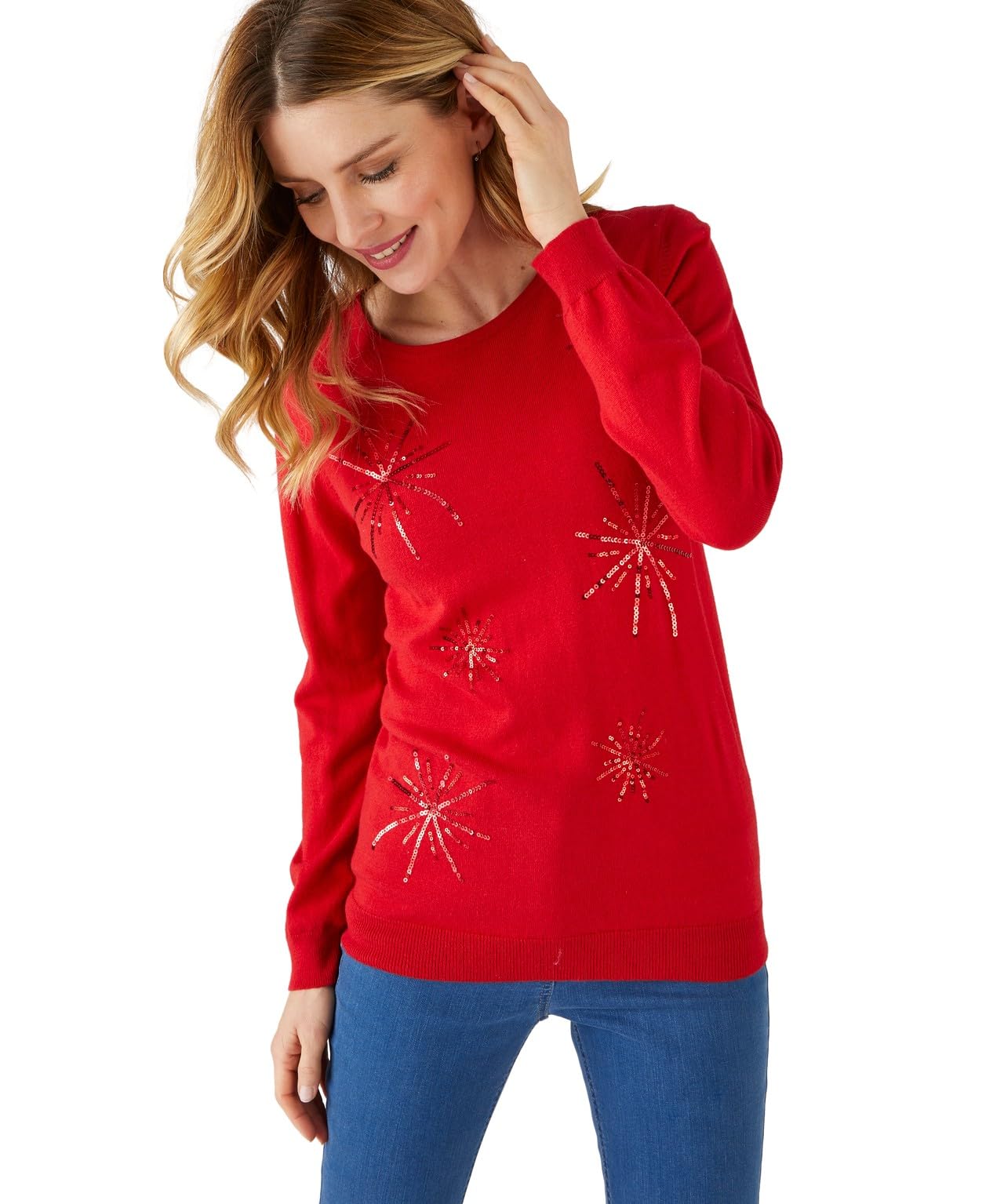 Damart Sequin Jumper Women Round Neck Long Sleeves Red