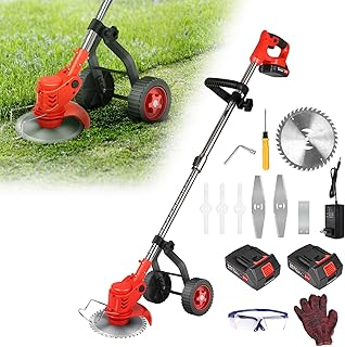 Sixseyaa Electric Weed Wacker Battery Powered Brush Cutter, 2.0Ah Battery Weed Eater with Wheel Cordless Grass Trimmer, 3 in 1 Small Push Lawn Mower Stringless Trimmer Edger Lawn Tool