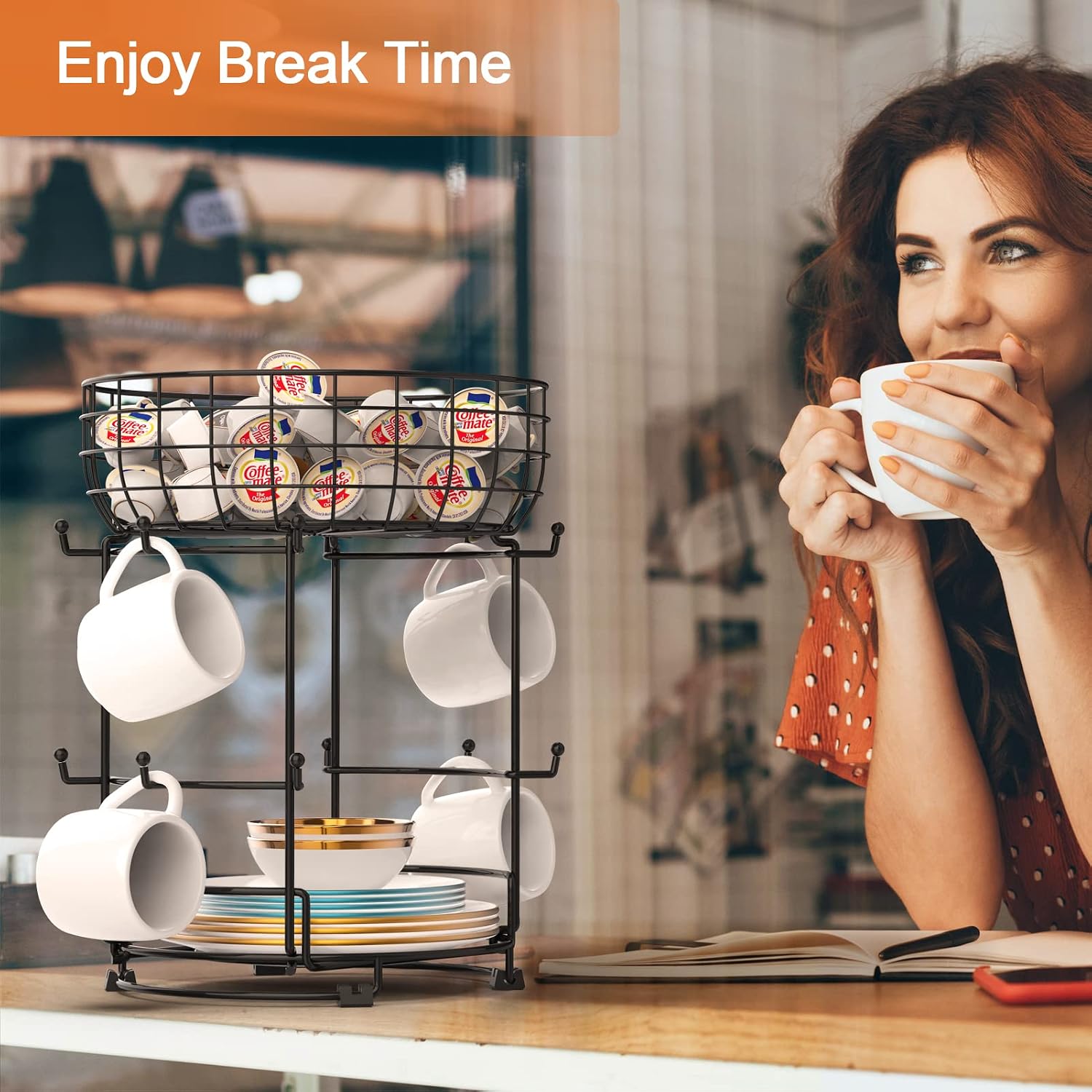 Auledio Mug Tree with Storage Basket,Coffee Mug Holder with 12 Mug Hooks,Multifunctional Coffee Cup Holder For Counter- Black