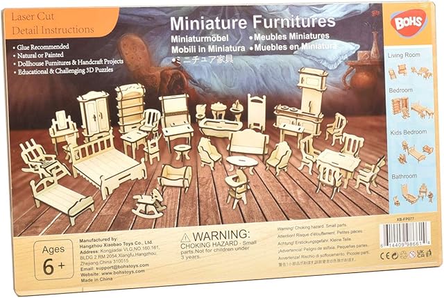 34PCS Dollhouse Furnitures Craft Kit -Wooden DIY 3D Puzzle - Miniature Models Doll House Accessories - Ages 6 and Up