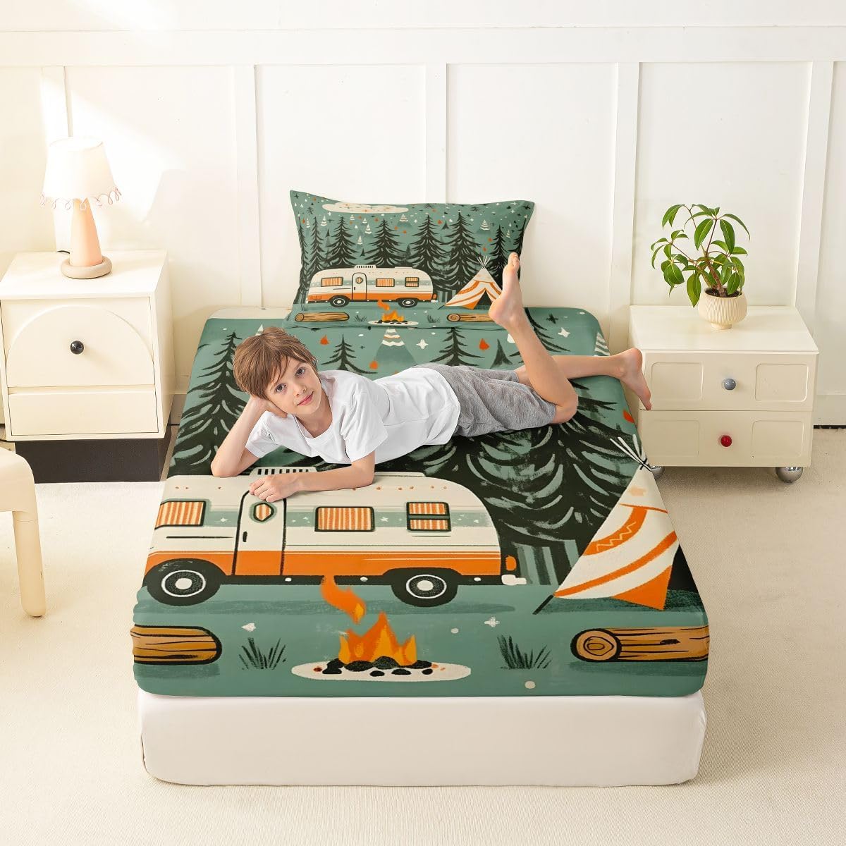 Erosebridal Kids Camper Fitted Sheet Twin Happy Camping Bed Sheets for Kids Boys Girls Green Pine Tree Bedding Set Retro Wood Camp Camper Sheets
