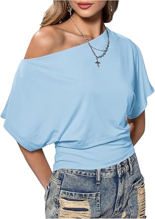 SweatyRocks Womens Off The Shoulder Crop Tops Asymmetrical Y2K Going Out Top Dolman Short Sleeve 2026 Summer Trendy Clothes