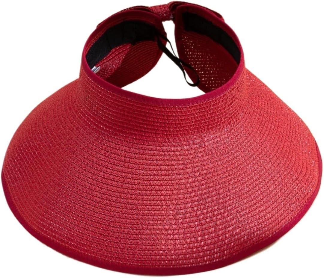 Women's Foldable Straw Visor – Wide Brim Outdoor Hat with Bow and Open Crown for Summer Beach Wear